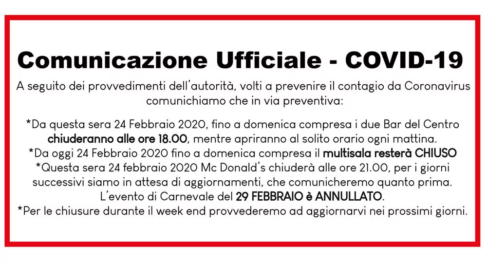 COMUNICAZIONE UFFICIALE - COVID19
